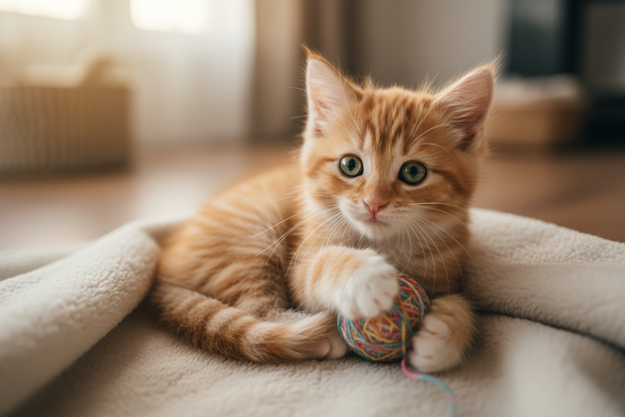 Cute kitten sitting down holding a small yarn ball