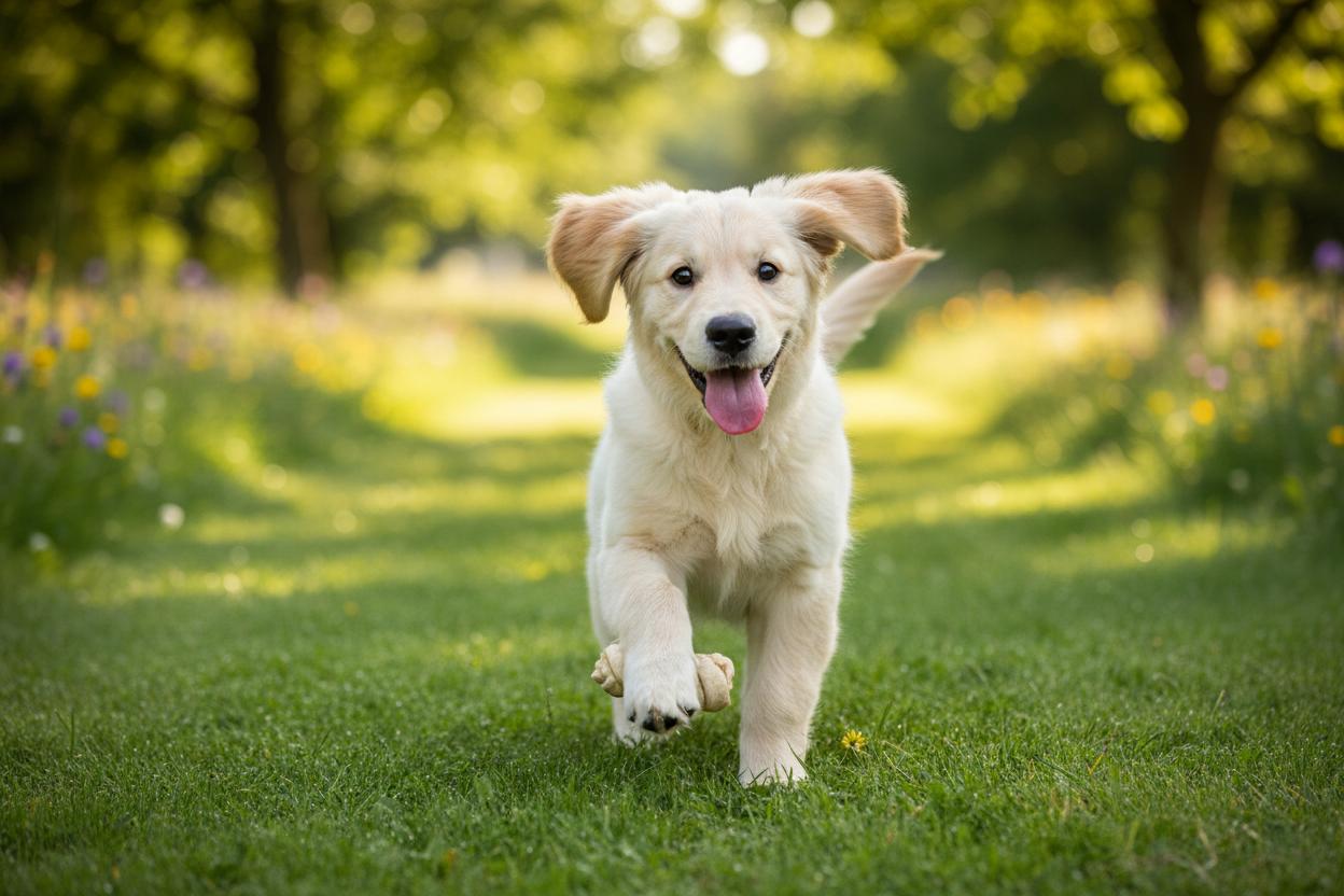 Playful puppy running outdoors with joy and energy