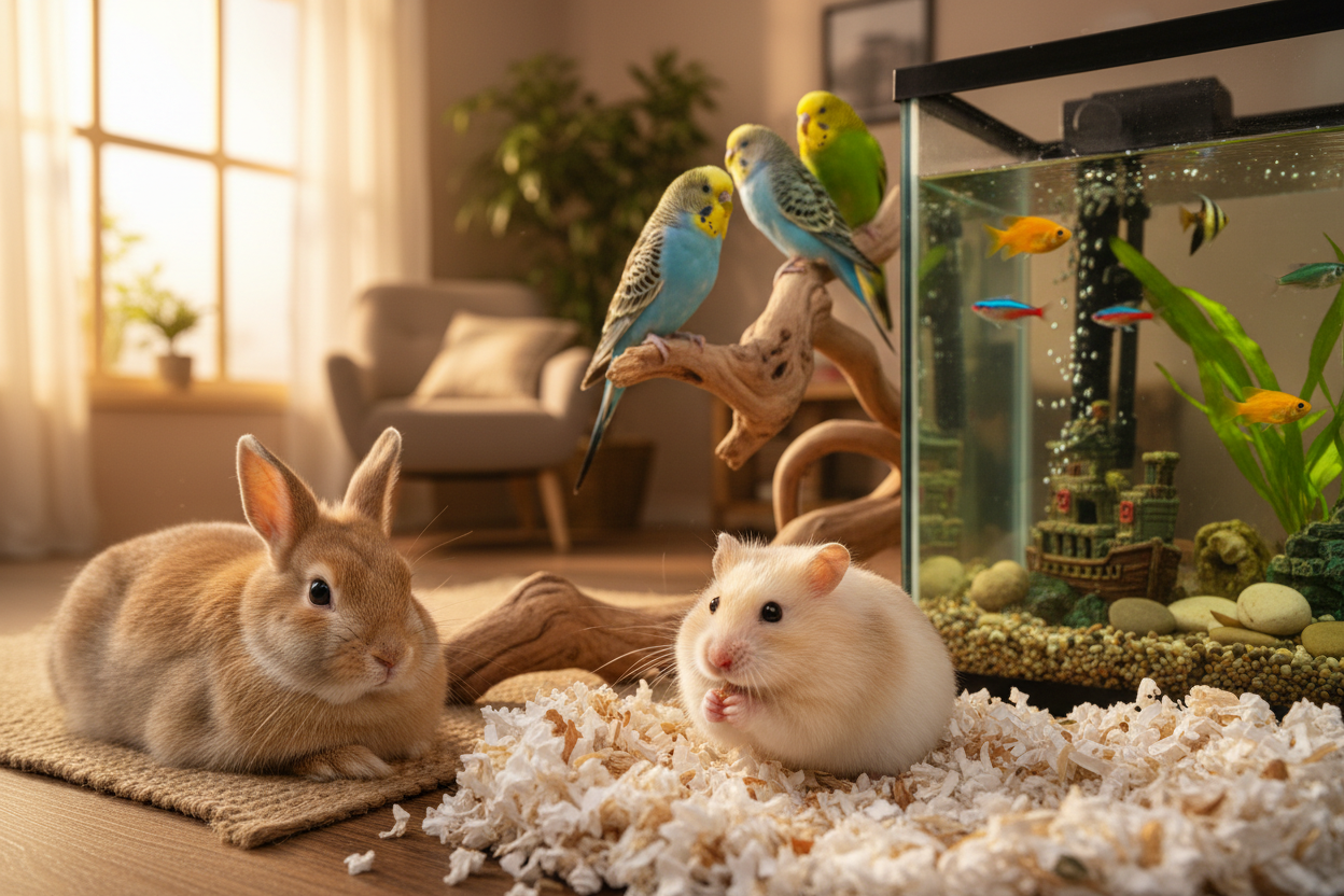 small pets, rabbit, hamster, fish in aquarium ant three parrot