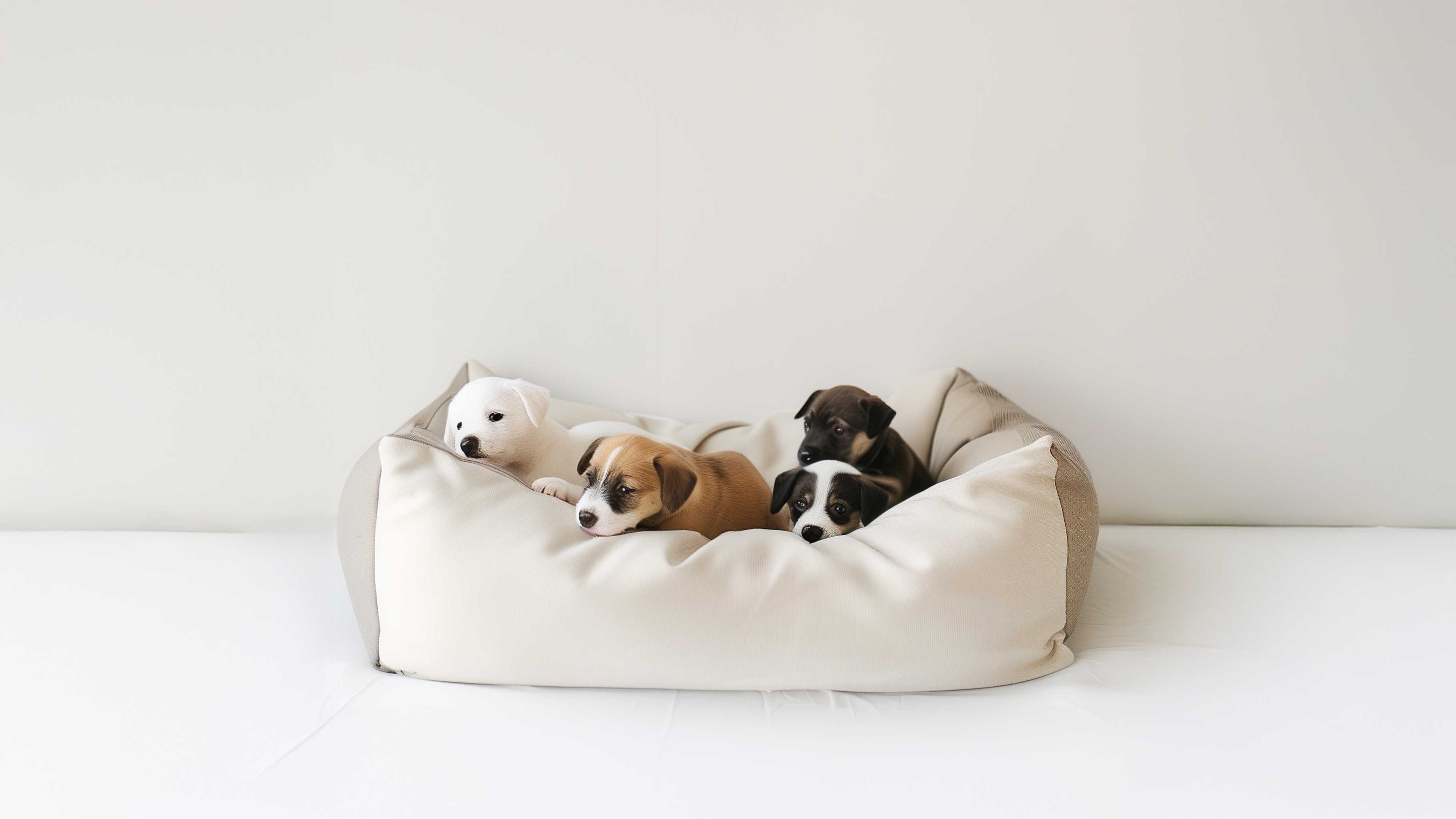 three small puppies in the pet bed