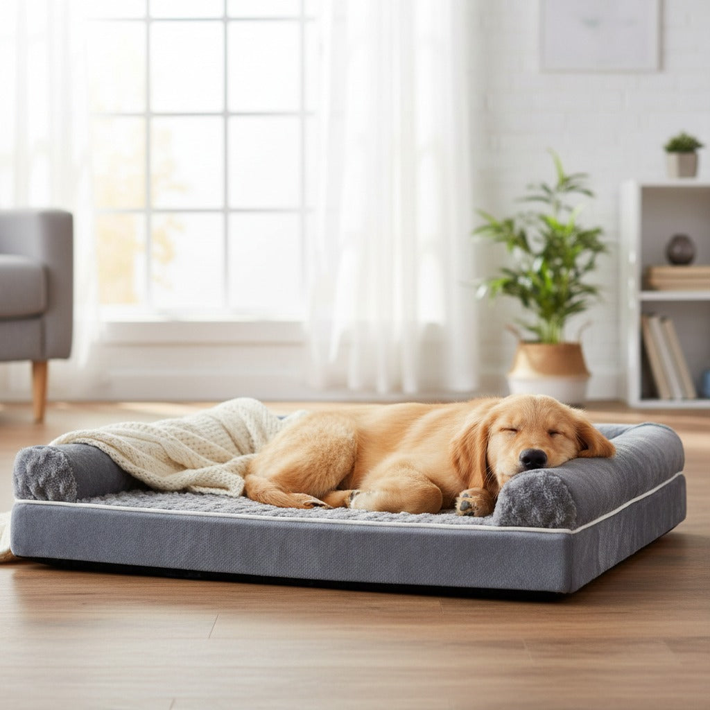 Dog sleeping peacefully in a comfortable dog bed