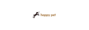 Logo of 'happy pet' with a stylized dog illustration on a white background