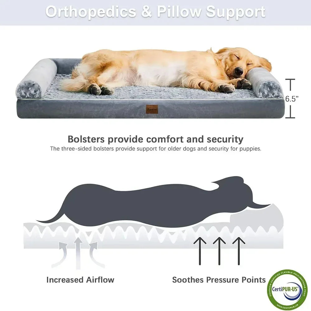Comfortable dog sleeping on an orthopedic dog bed with pillow support, bolsters, and pressure-relief foam