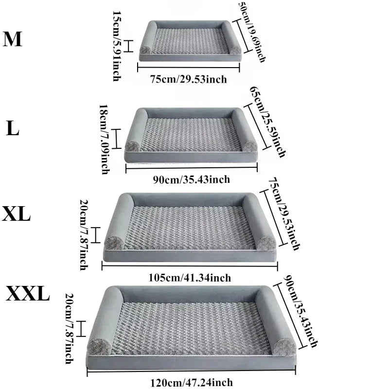 Dog bed displayed in multiple sizes for small to large dogs