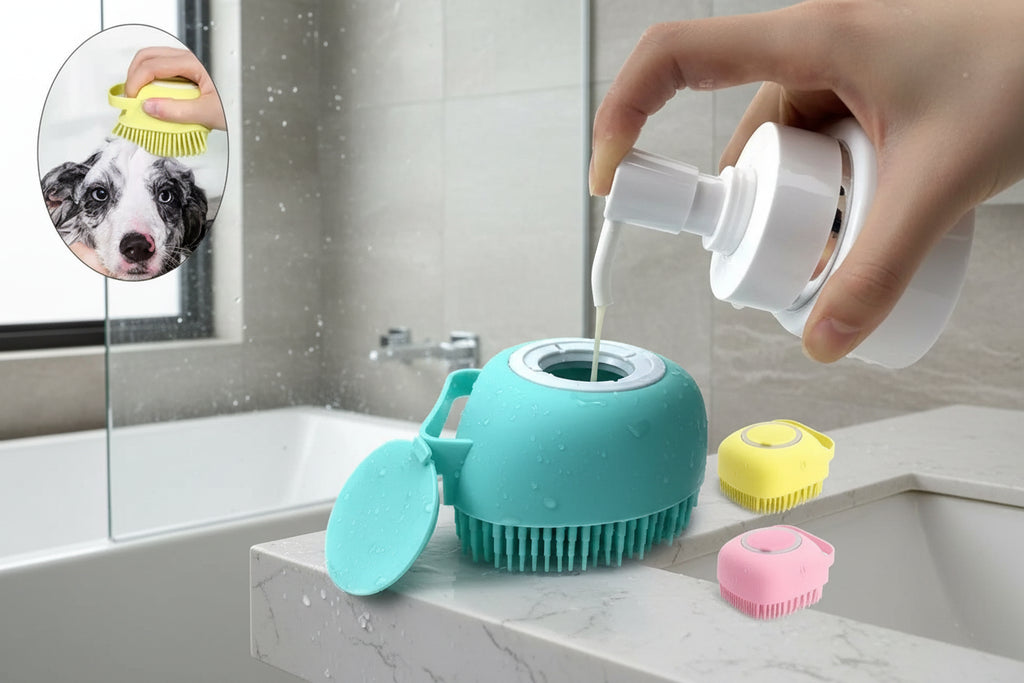 Pet grooming tool with a hand pouring liquid into it, surrounded by additional tools and a dog's face inset.